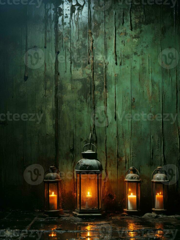 three old lanterns with candles in front of a green wall generative ai photo