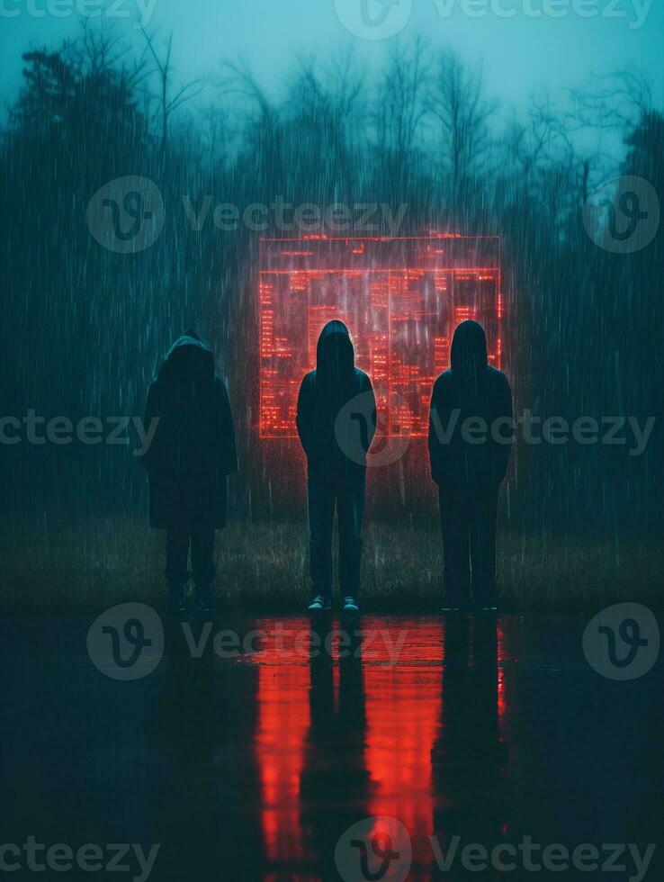 three people standing in the rain in front of a neon sign generative ai photo