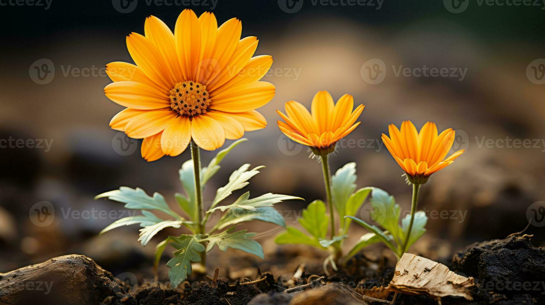 three orange flowers growing out of the ground generative ai photo
