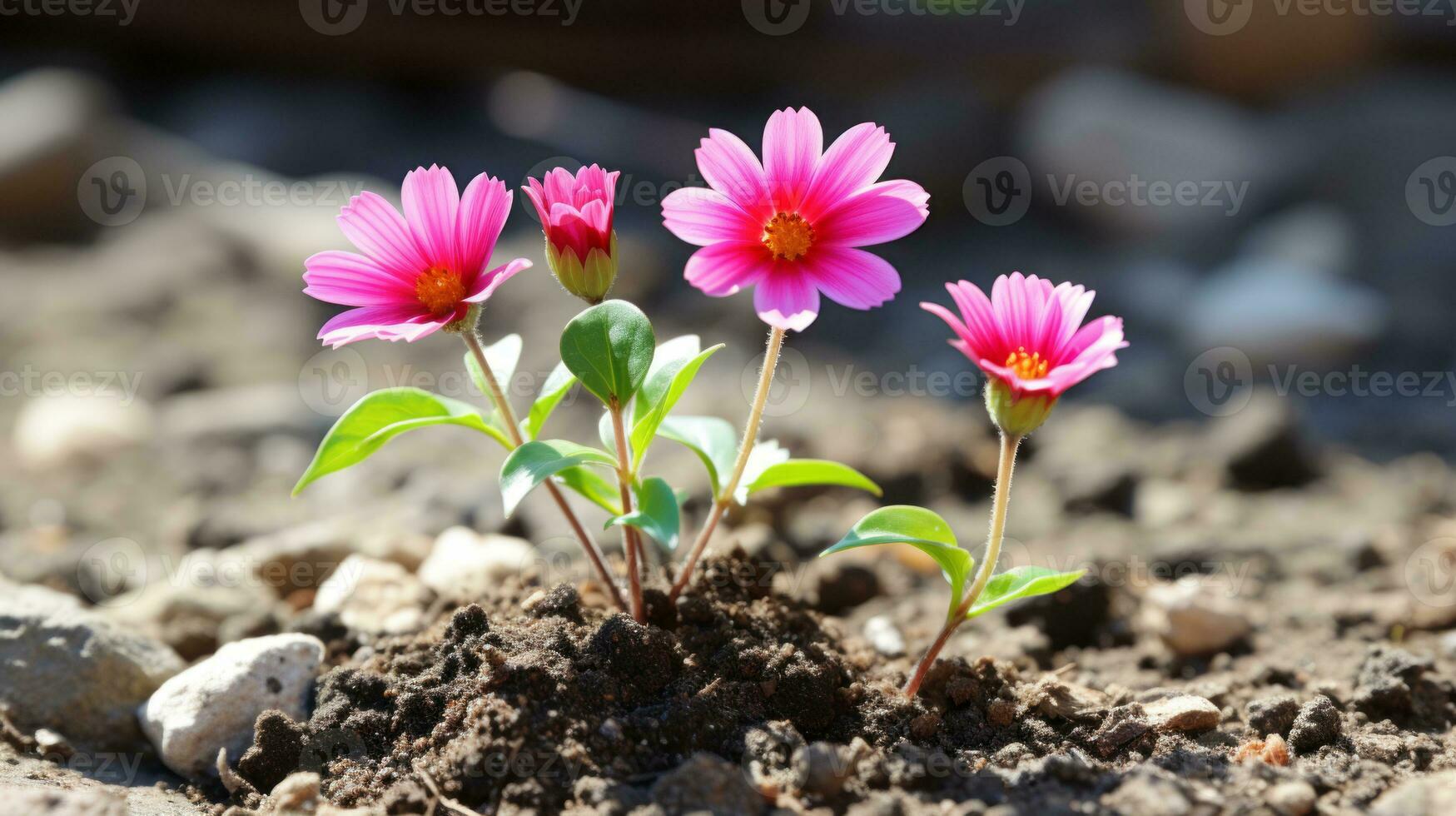 three pink flowers growing out of the ground generative ai photo