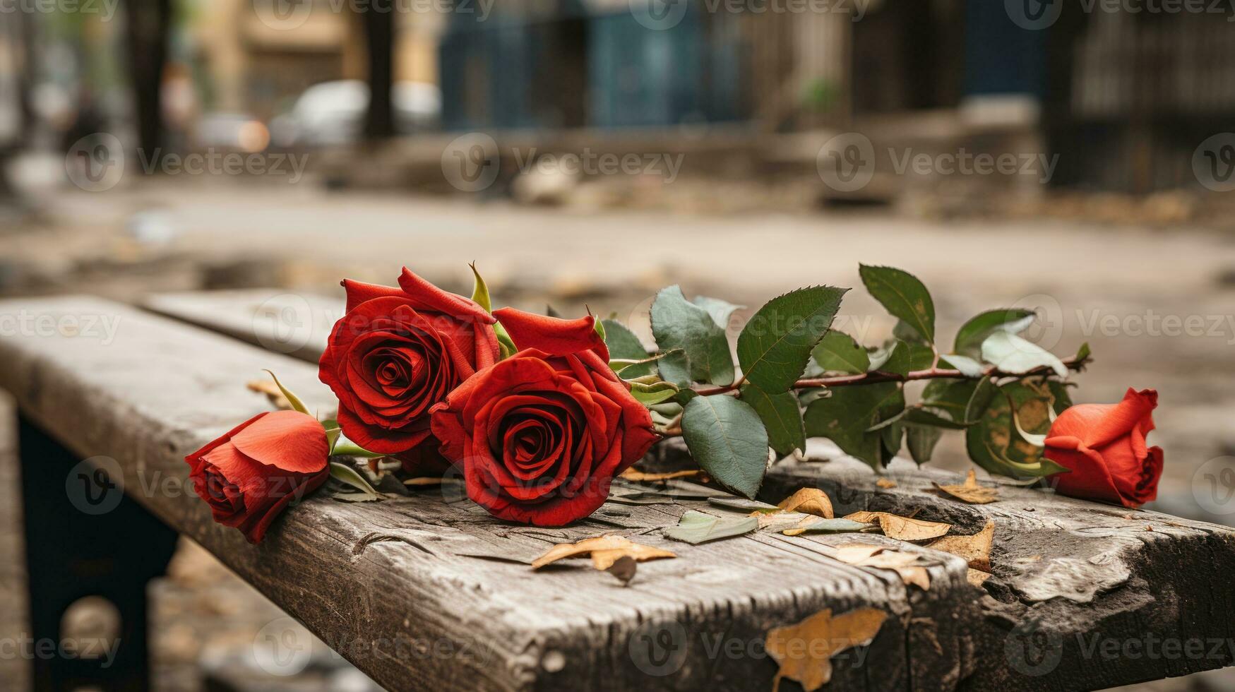 Tres rojo rosas sentado en un de madera banco generativo ai foto