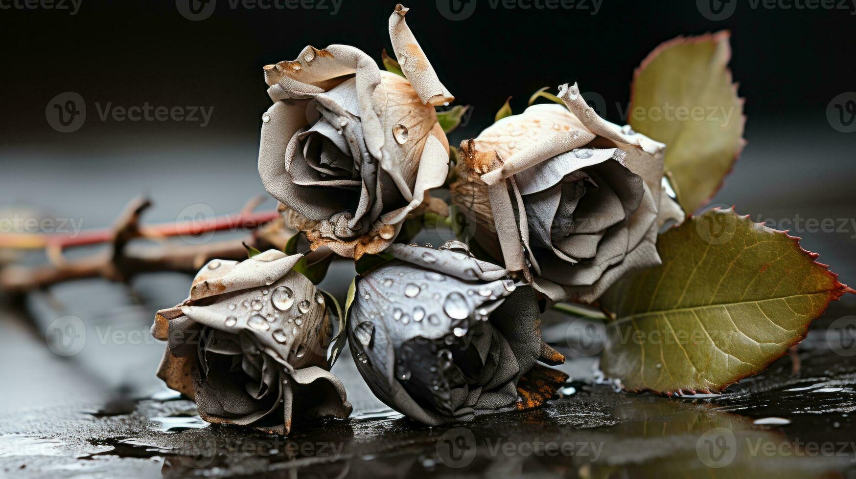 Tres rosas en un mesa generativo ai foto