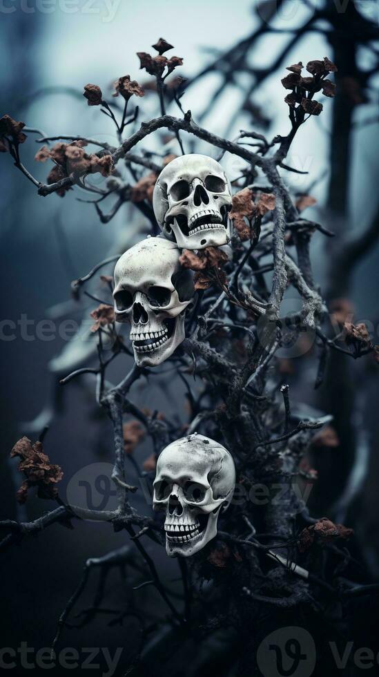 three skulls on a tree branch in a dark forest generative ai photo