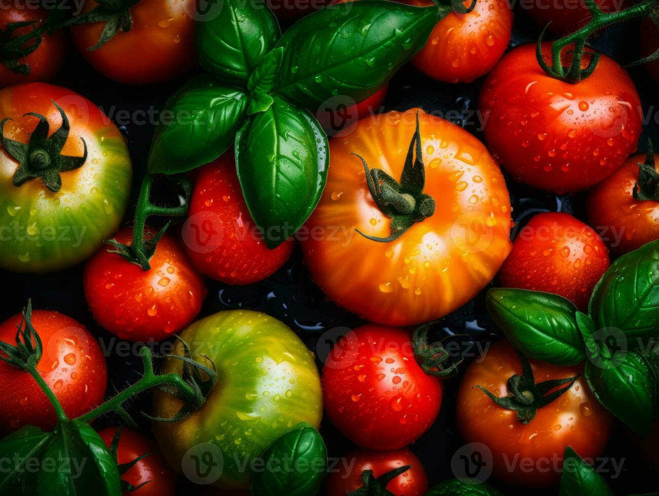 tomatoes and basil on a black background stock photo generative ai