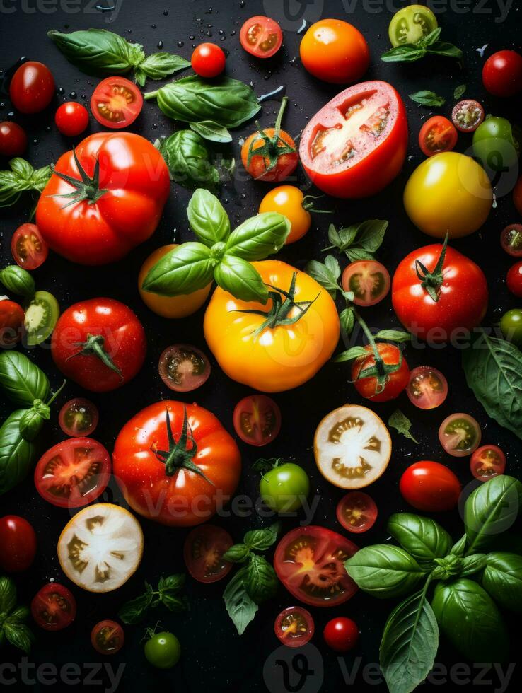 tomatoes and basil on a black background stock photo generative ai
