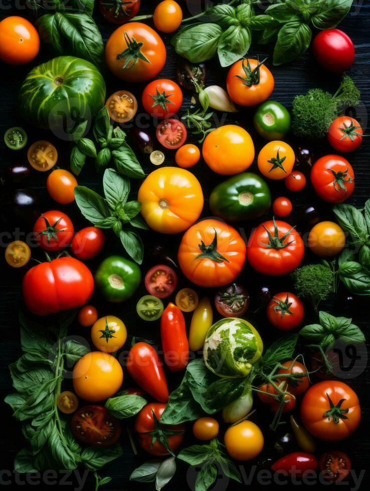 tomatoes and other vegetables on a black background generative ai photo