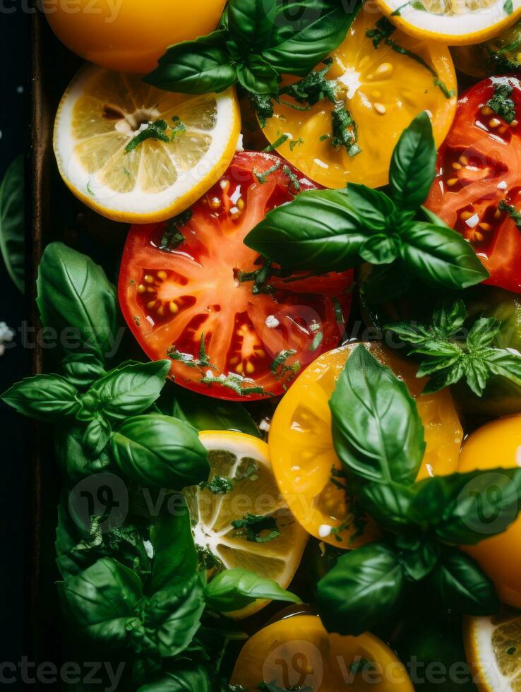 tomatoes lemons and basil on a baking sheet generative ai photo