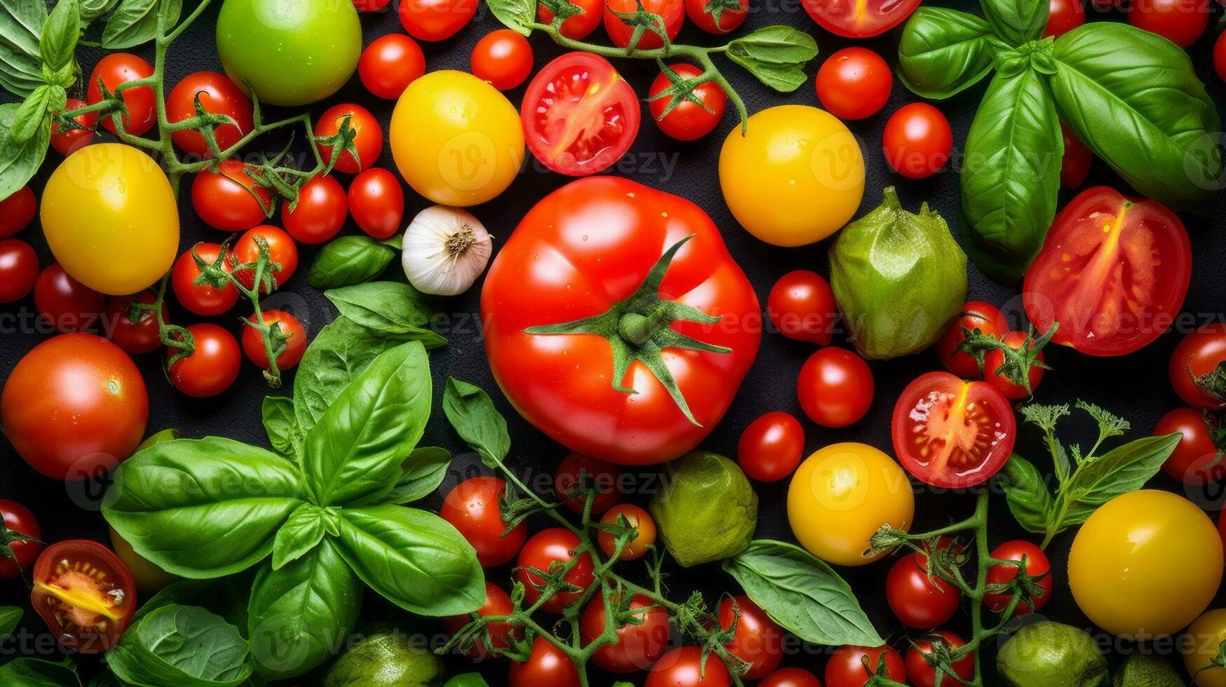 tomatoes and other vegetables on a black background generative ai photo