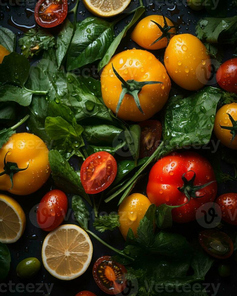 tomatoes lemons and basil on a black background generative ai photo