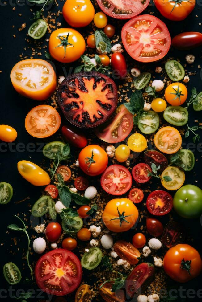 tomatoes and other vegetables on a black background generative ai photo