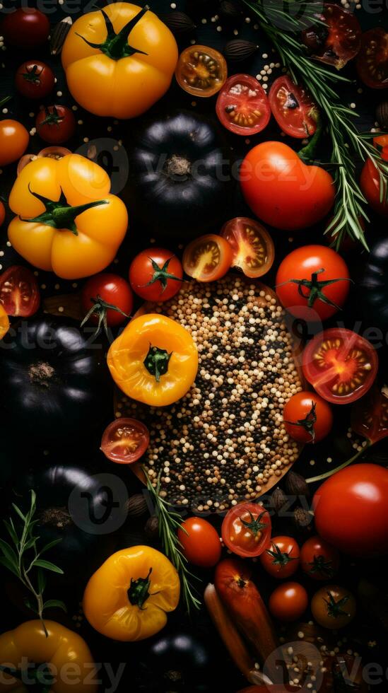 tomatoes and other vegetables on a black background generative ai photo