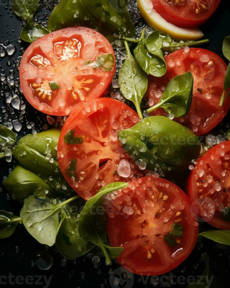 tomatoes spinach and lemon on a black background generative ai photo