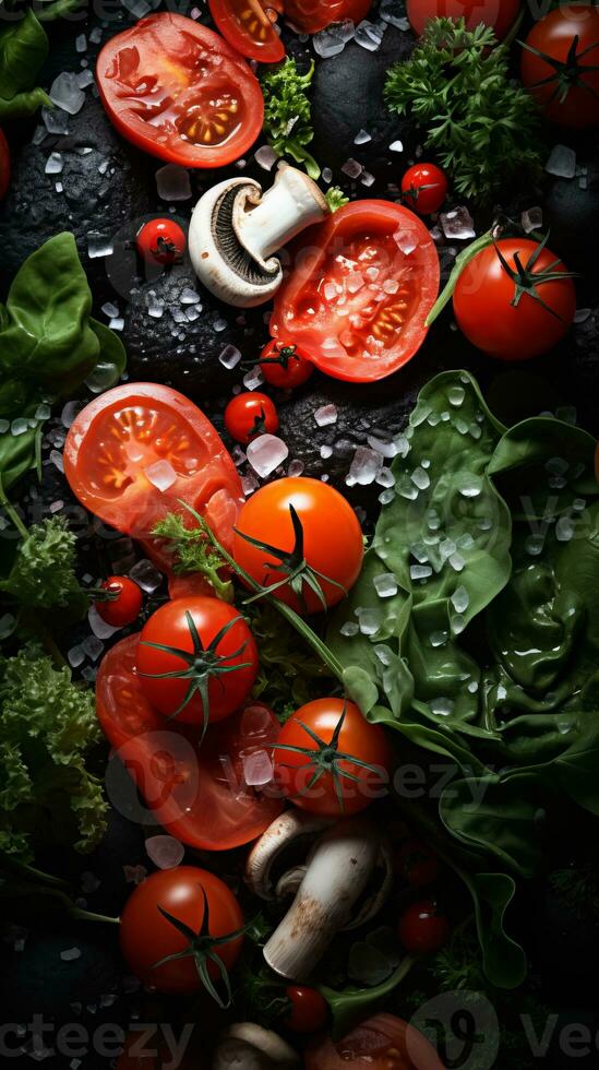 tomatoes mushrooms and spinach on a table generative ai photo