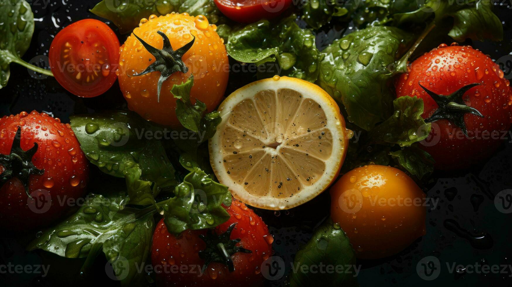 tomatoes lemons and spinach on a black background generative ai photo