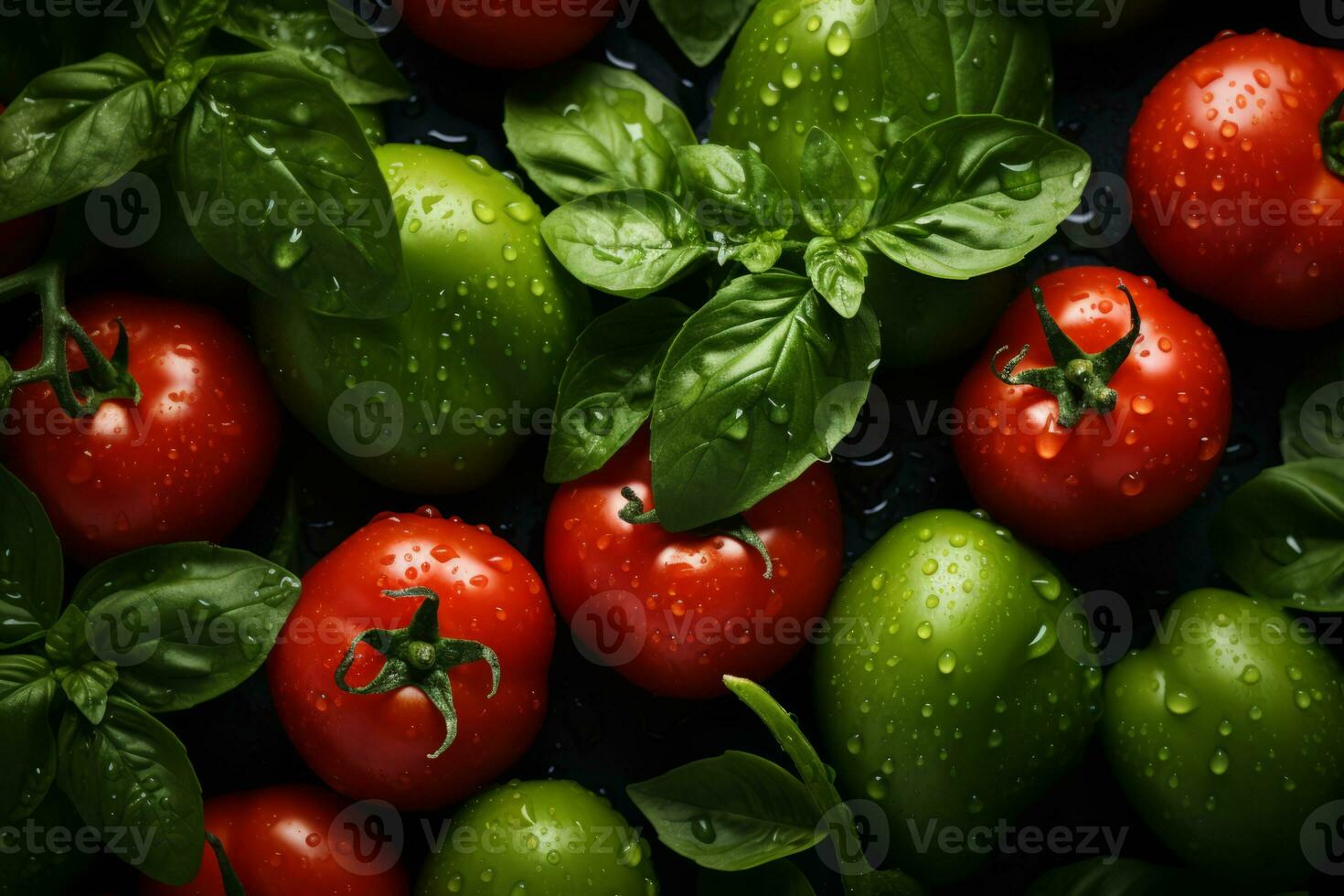 tomatoes with water droplets on them on a black background generative ai photo
