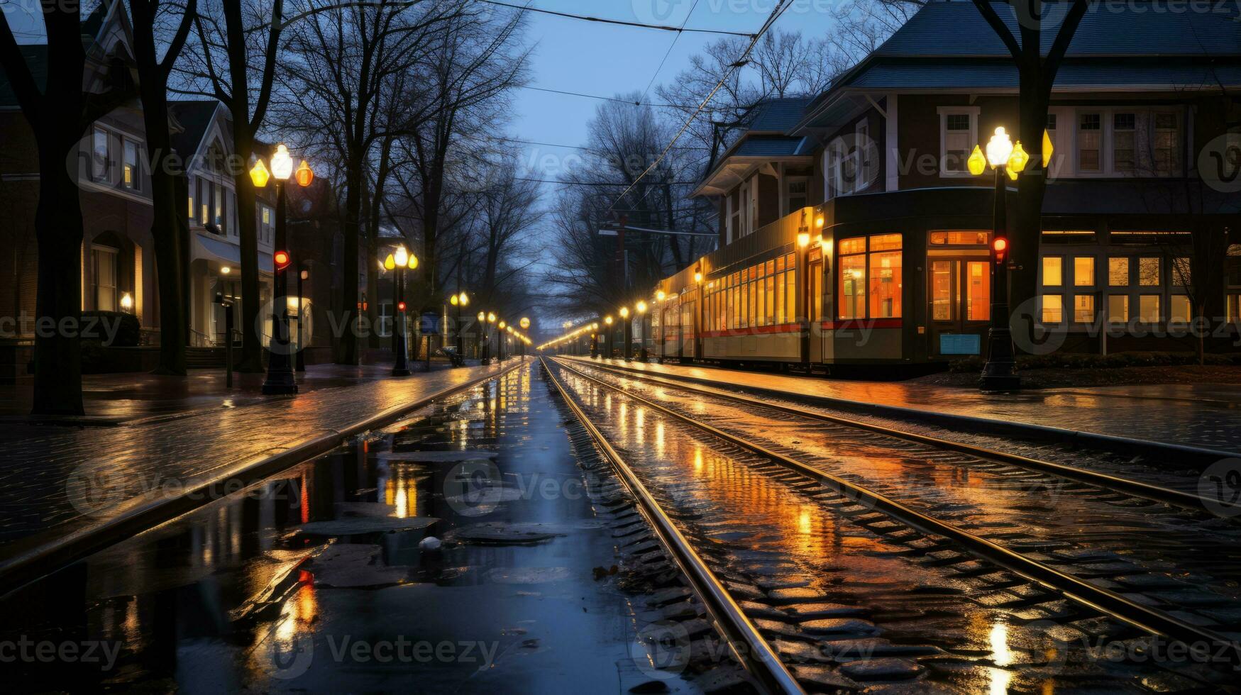 train tracks on the side of the road generative ai photo