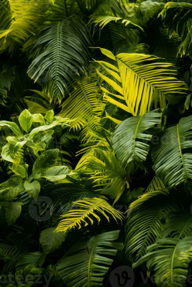 tropical jungle background with green and yellow leaves generative ai photo