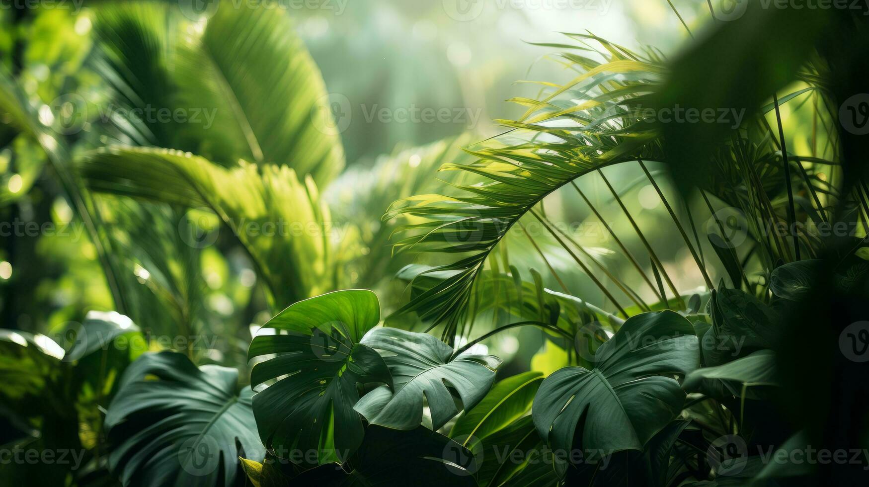 tropical plants in the jungle with sunlight shining through the leaves generative ai photo