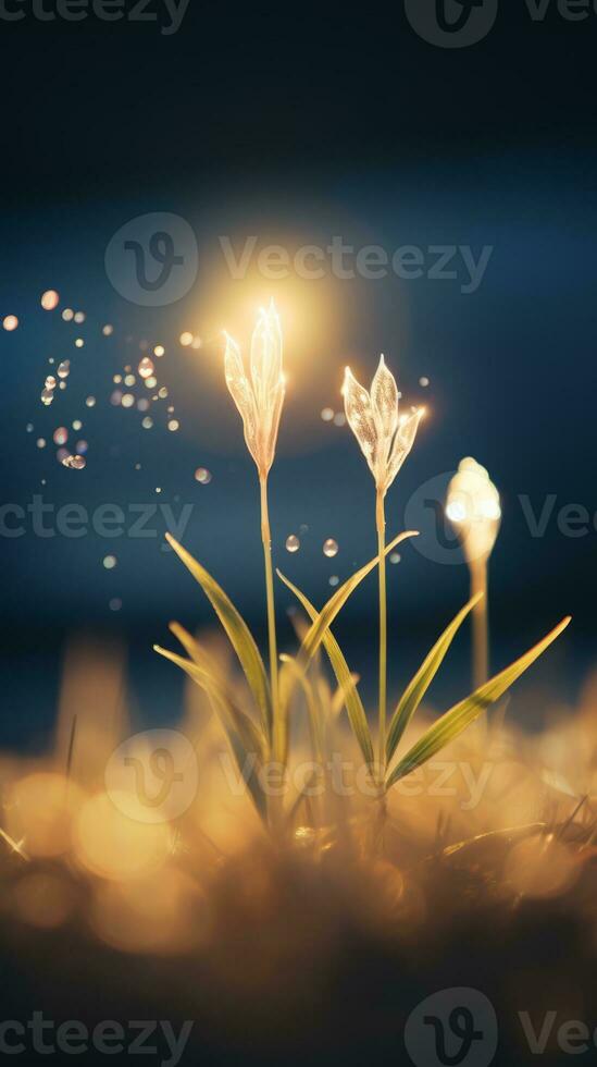two flowers in the grass at night with a light shining on them generative ai photo