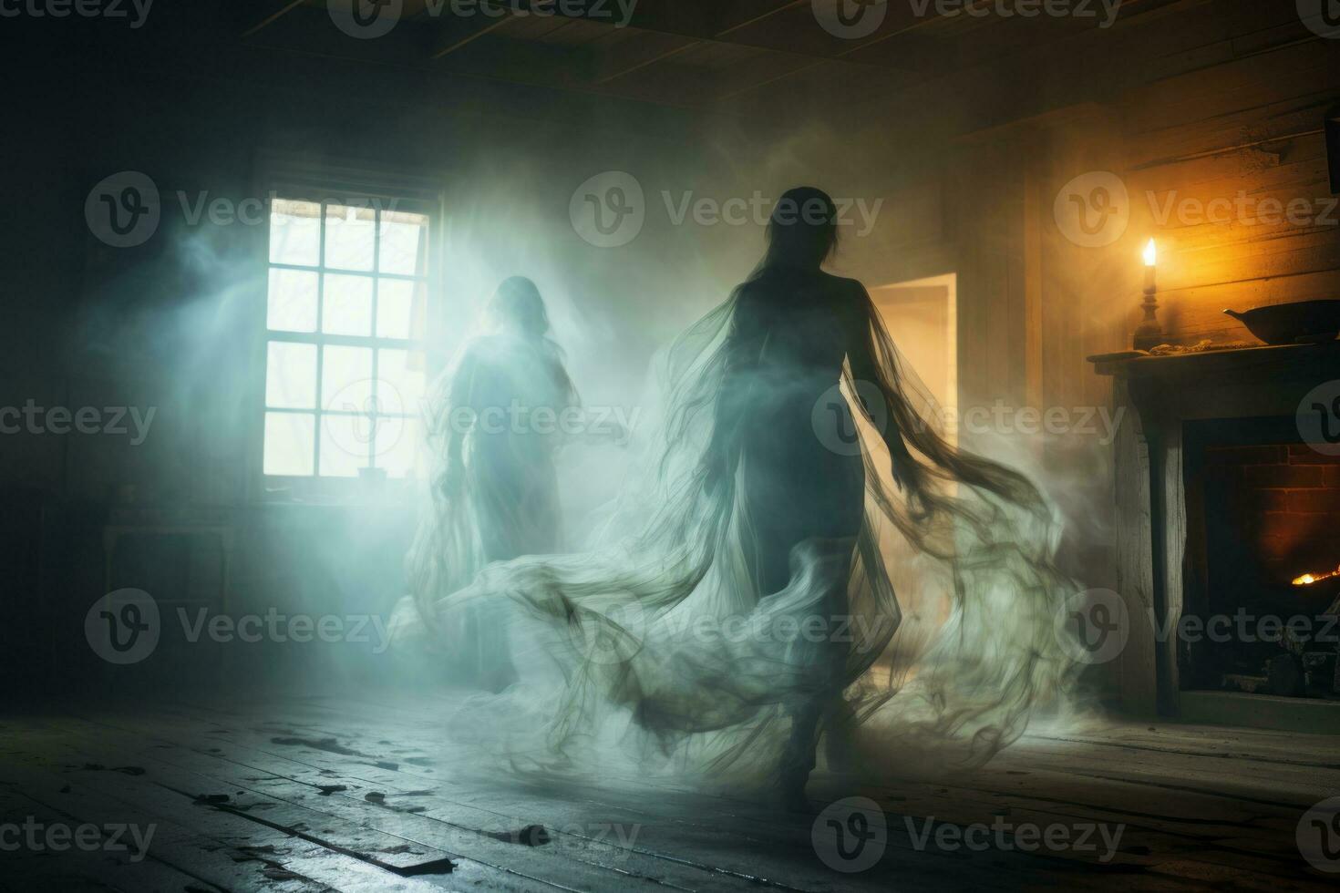 two ghostly figures in a dark room with smoke coming from the fireplace generative ai photo