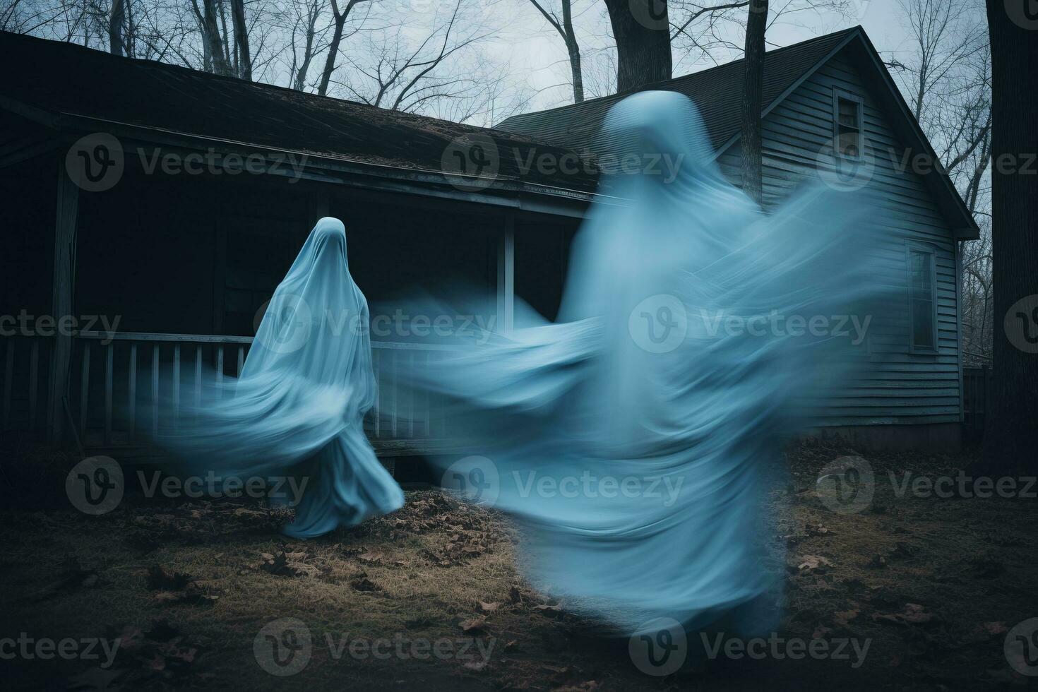 two ghostly figures standing in front of a house generative ai photo