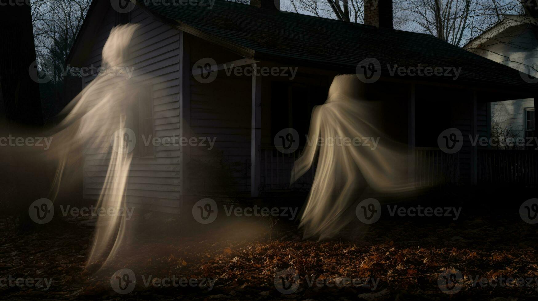 two ghostly figures stand in front of a house generative ai photo