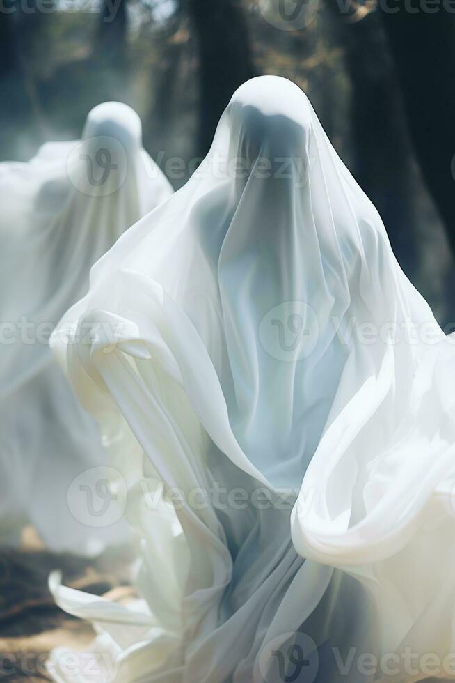 two people dressed in white are walking in the woods generative ai photo