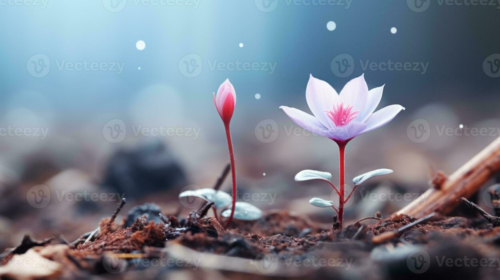 two pink flowers are growing out of the ground generative ai photo