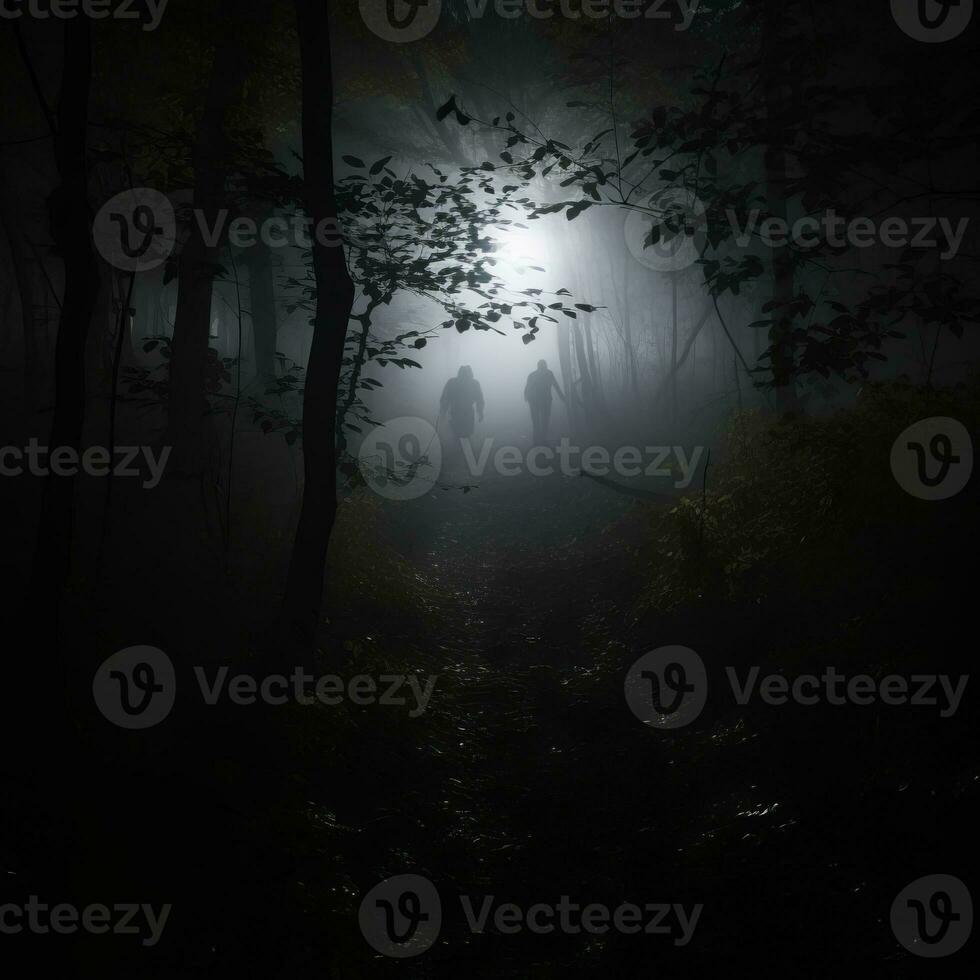two people walking in the woods at night generative ai photo