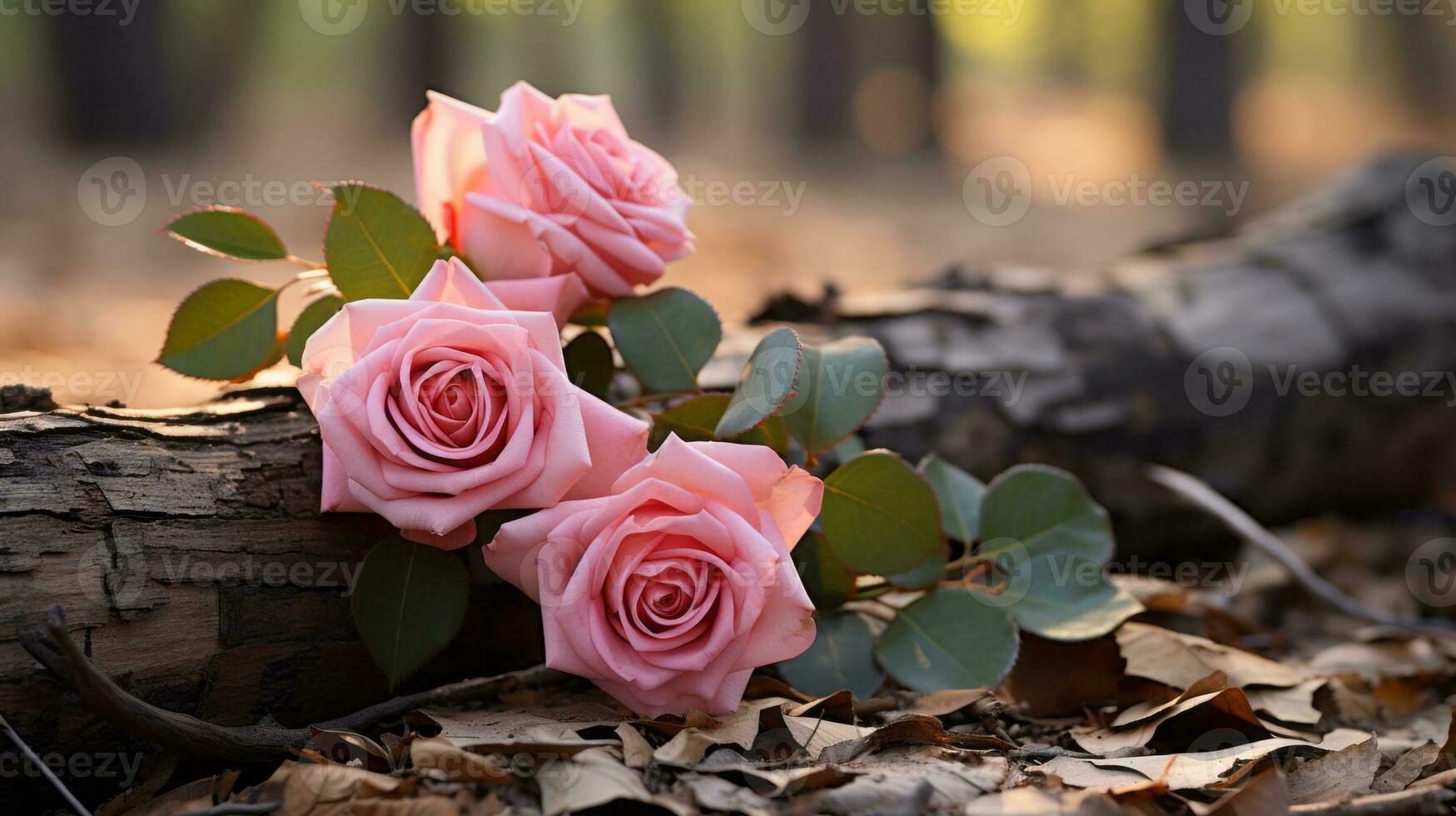 dos rosado rosas son sentado en parte superior de un caído Iniciar sesión generativo ai foto