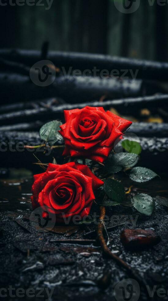 two red roses sitting on the ground in the rain generative ai photo