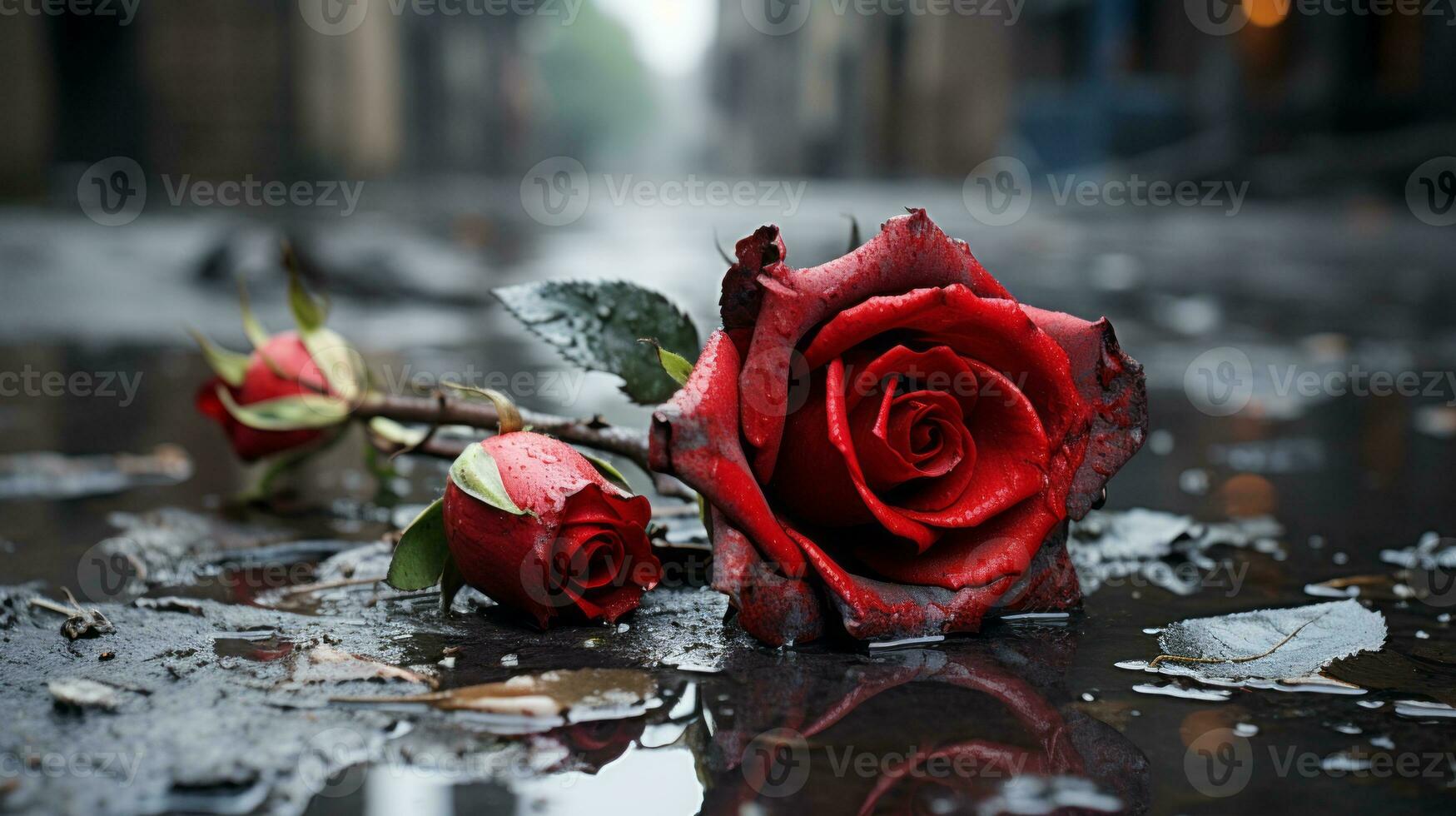dos rojo rosas tendido en el suelo en el lluvia generativo ai foto