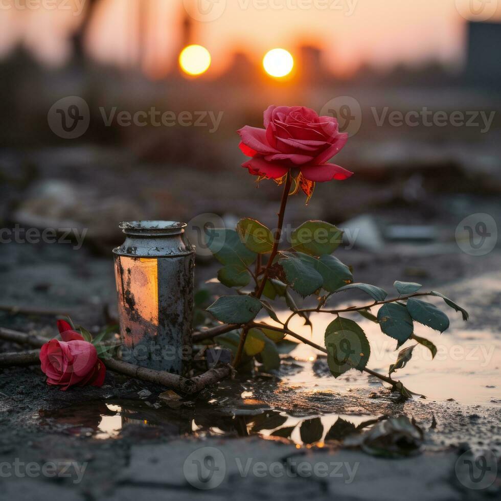 dos rosas sentar en el suelo siguiente a un lata generativo ai foto