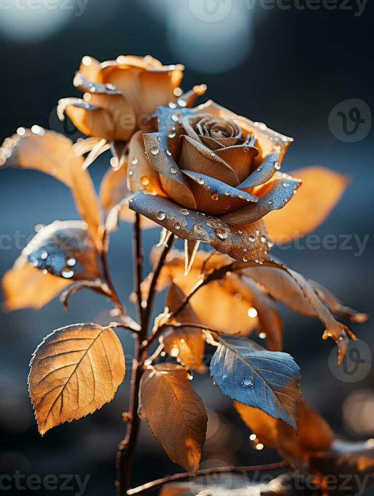 two roses with water droplets on them in the dark generative ai photo