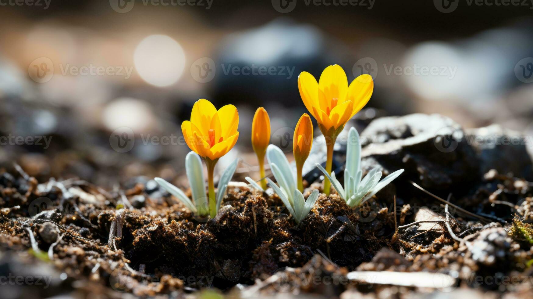 two small yellow flowers growing out of the ground generative ai photo