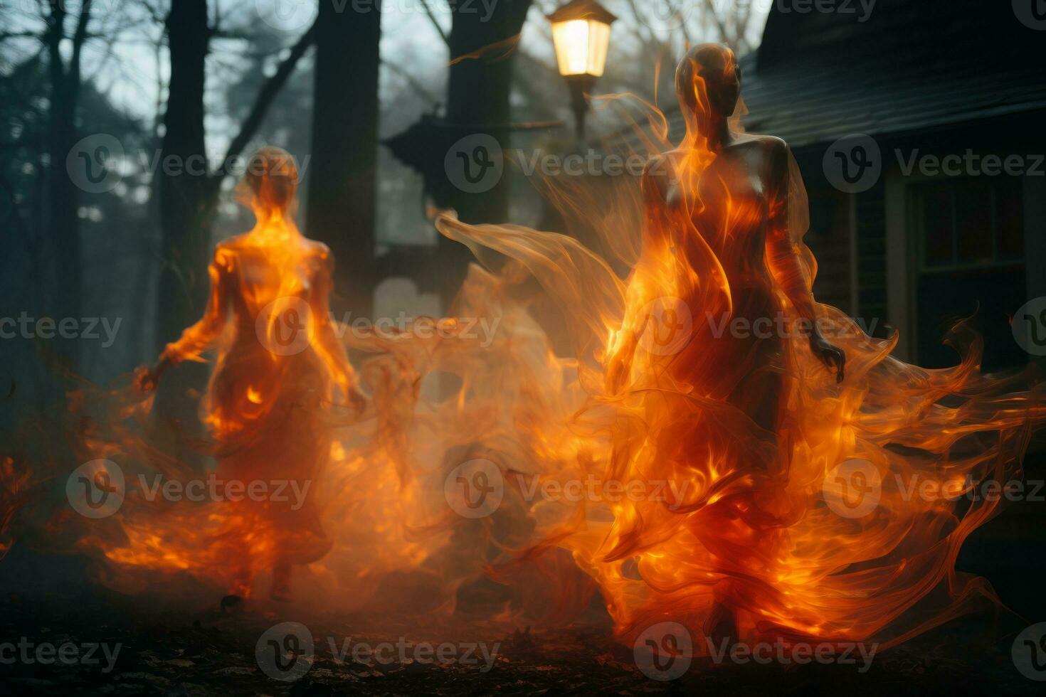 two women are standing in front of a house with flames coming out of them generative ai photo