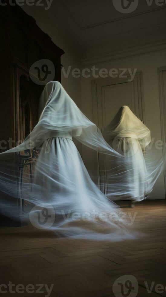 two women dressed in white are dancing in a room generative ai photo