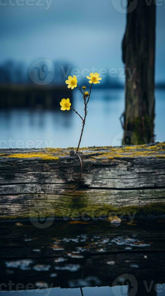 two yellow flowers growing on a wooden post in the water generative ai photo