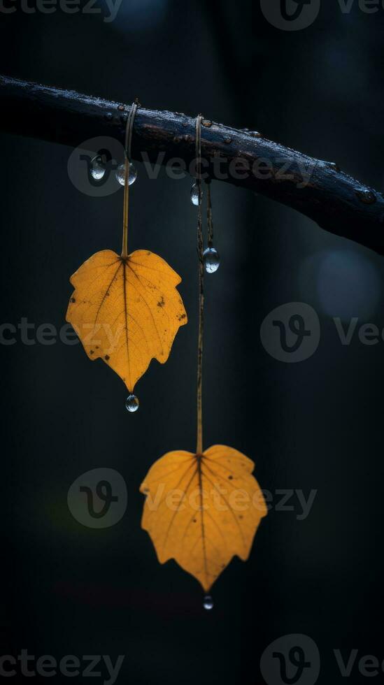 two yellow leaves hanging from a branch with water droplets generative ai photo