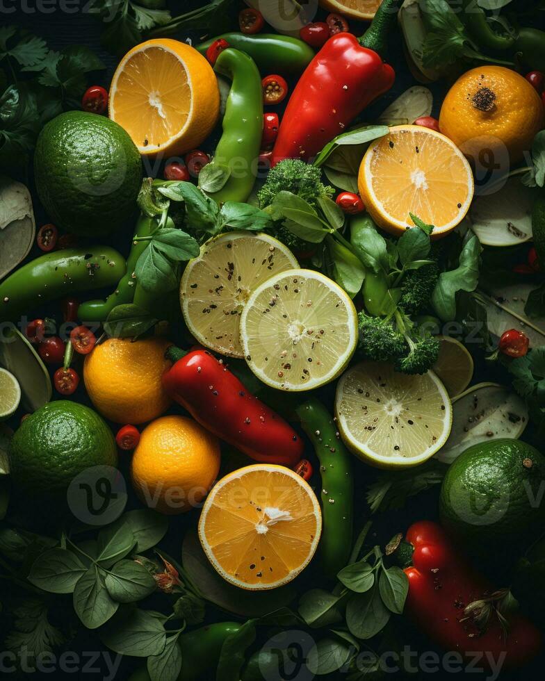 various fruits and vegetables are arranged in a circle generative ai photo