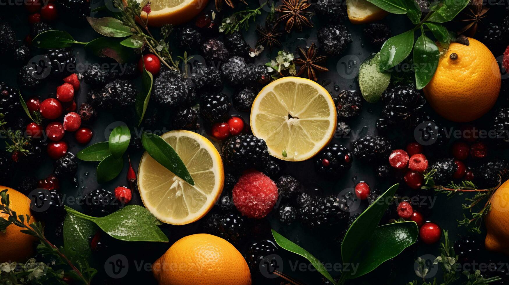 various fruits and berries are arranged on a black background generative ai photo