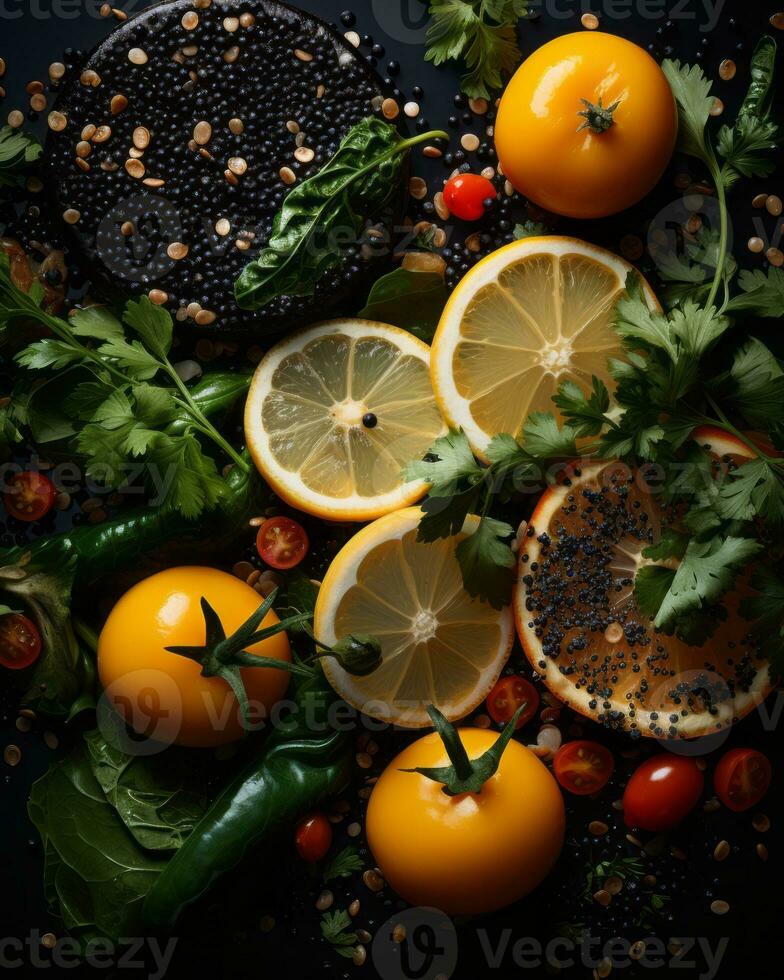 various fruits and vegetables are arranged on a black background generative ai photo