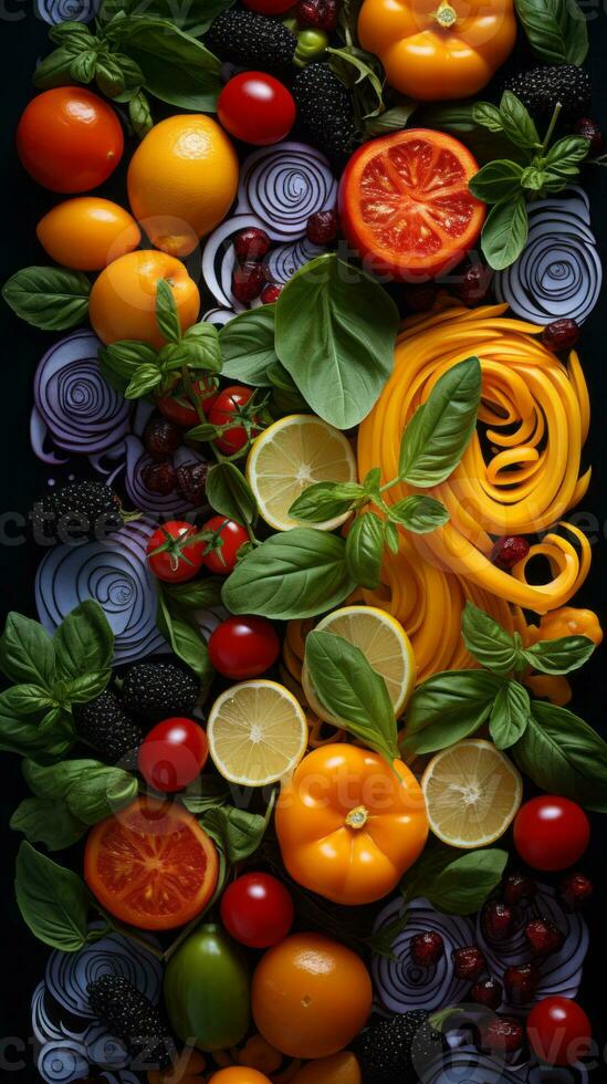 various fruits and vegetables are arranged in a circle generative ai photo