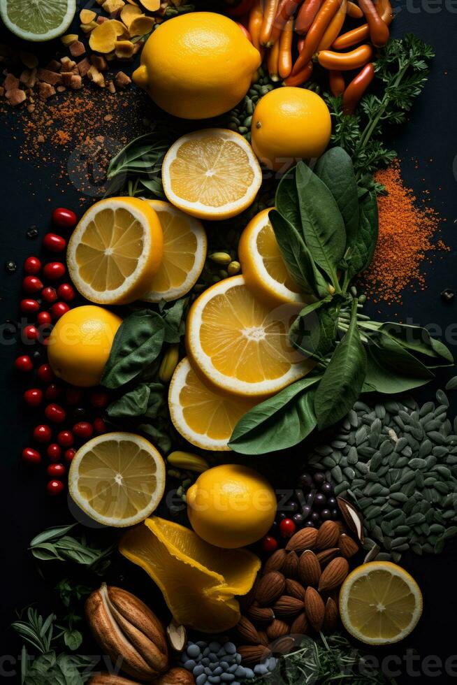 various fruits and vegetables arranged on a black background generative ai photo