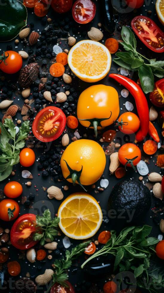 various fruits and vegetables are arranged on a black background generative ai photo