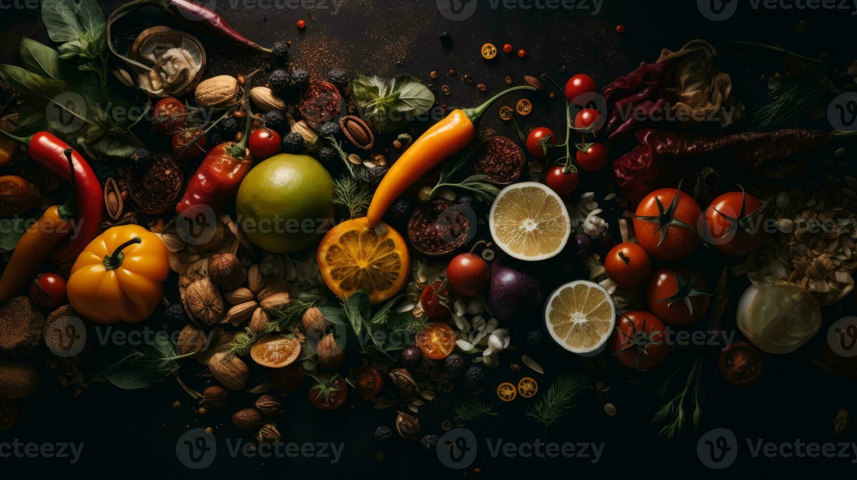various fruits and vegetables on a dark background generative ai photo