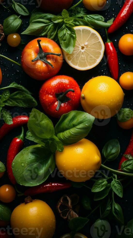 various fruits and vegetables arranged on a black background generative ai photo