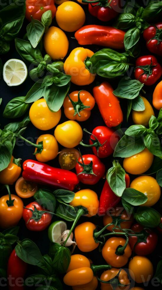 various peppers and tomatoes on a black background generative ai photo