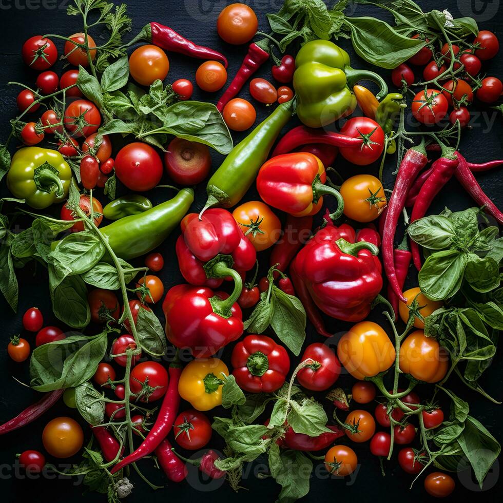 various red and green peppers and tomatoes on a black background generative ai photo