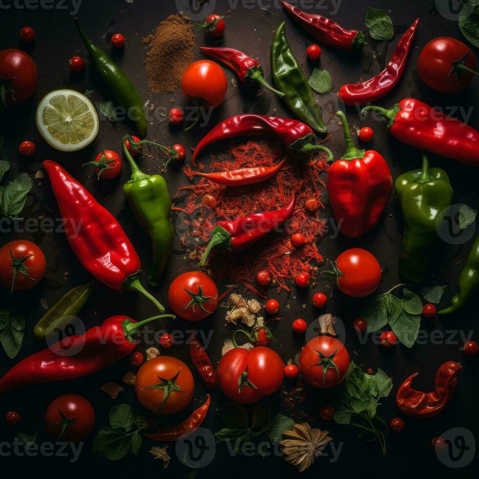 various red peppers and tomatoes on a black background generative ai photo
